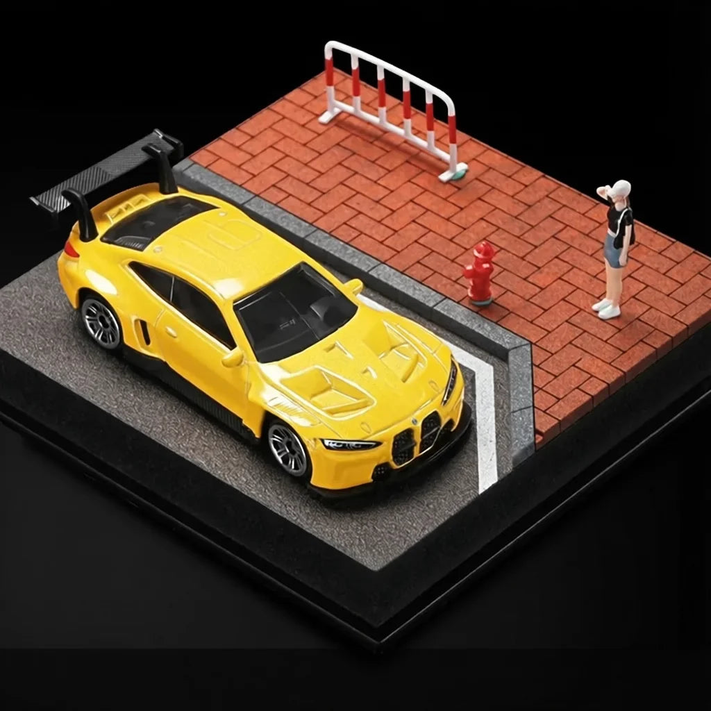 Orange brick street corner scene with a yellow sports car and a standing figure