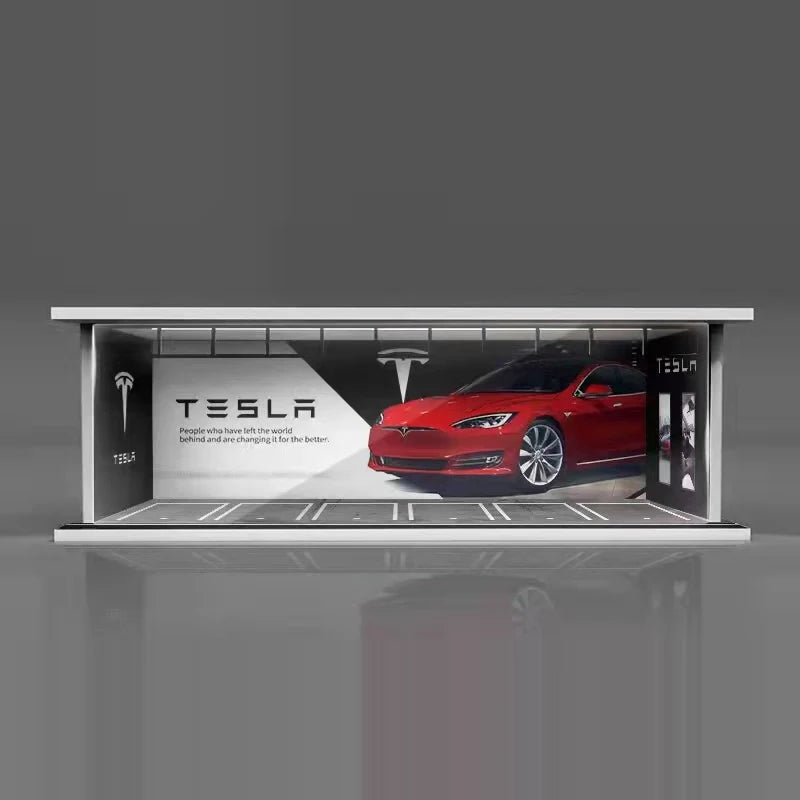 1:64 Diecast Display Case – Lit Scene Series, Tesla Showroom base