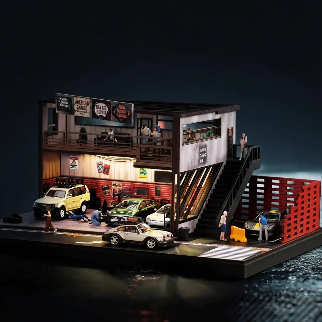 American warehouse repair shop diorama lit up at night, seen at three-quarter angle