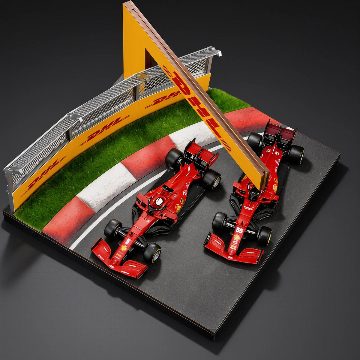 Top-down angled view of the 1:64 curved race track scene with two red race cars on the corner