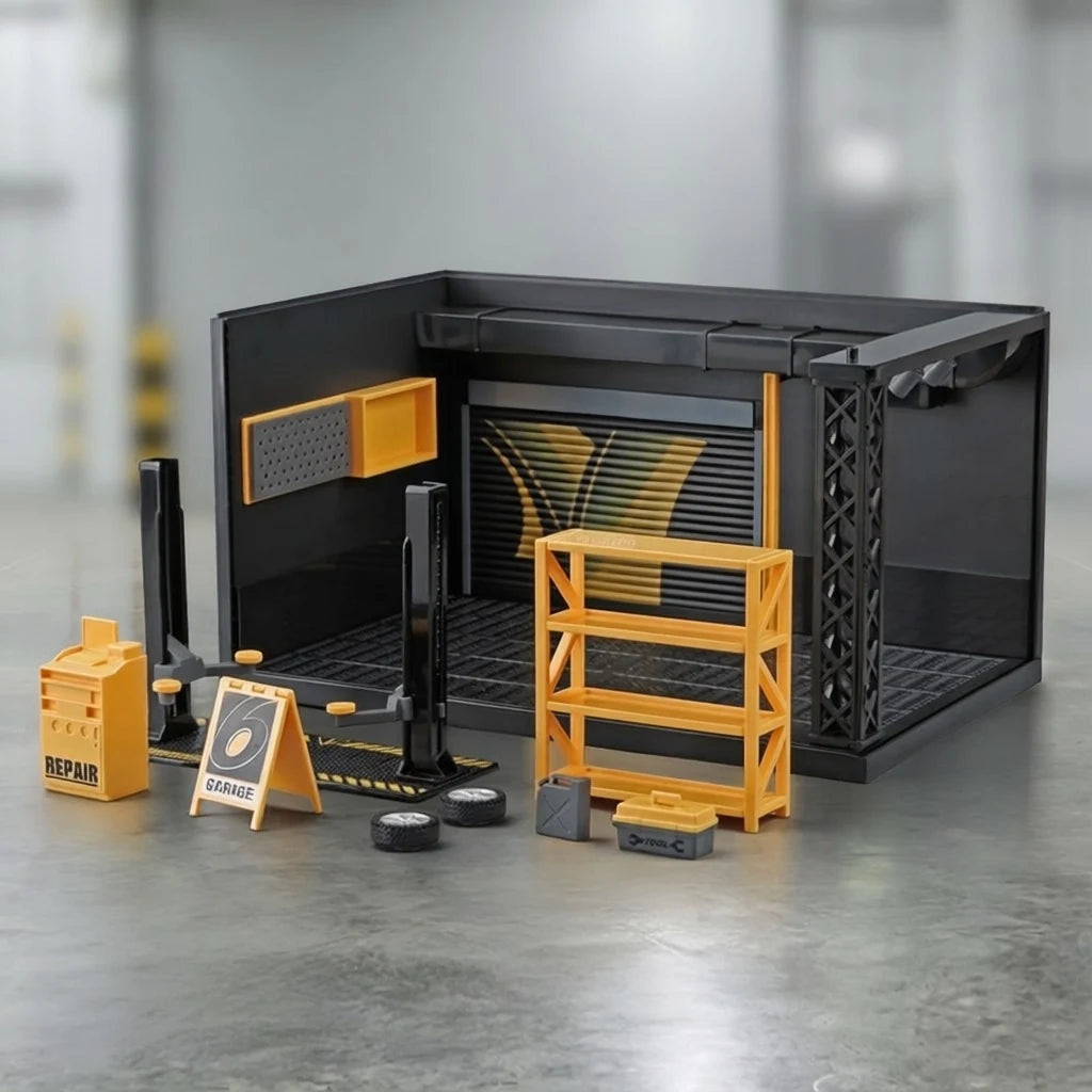 Every accessory in the box laid out in front of the 1:24 garage case — tool shelf, lift, tyres, oil can, sign and tool box