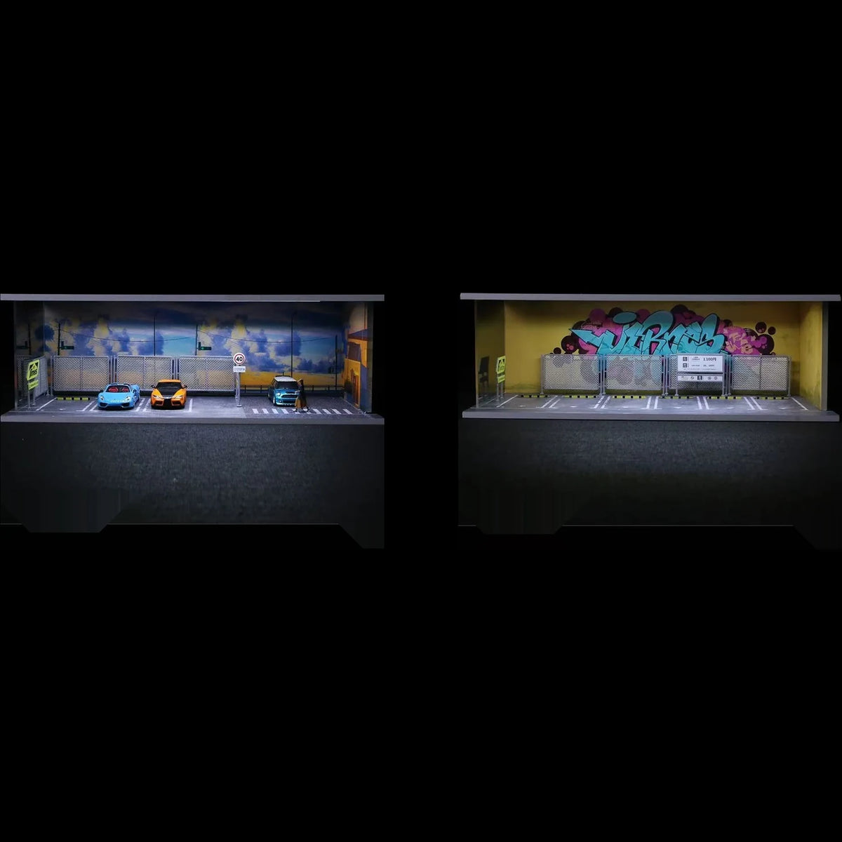 Both 1:64 street scene display cases side by side, showing the seaside sunset and graffiti wall backdrops