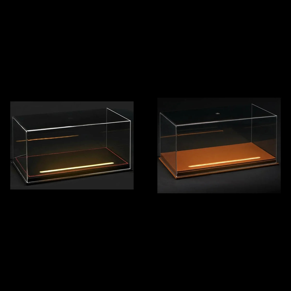 Both base colors of the 1:24 LED display case side by side — black base on the left, brown base on the right, each lit
