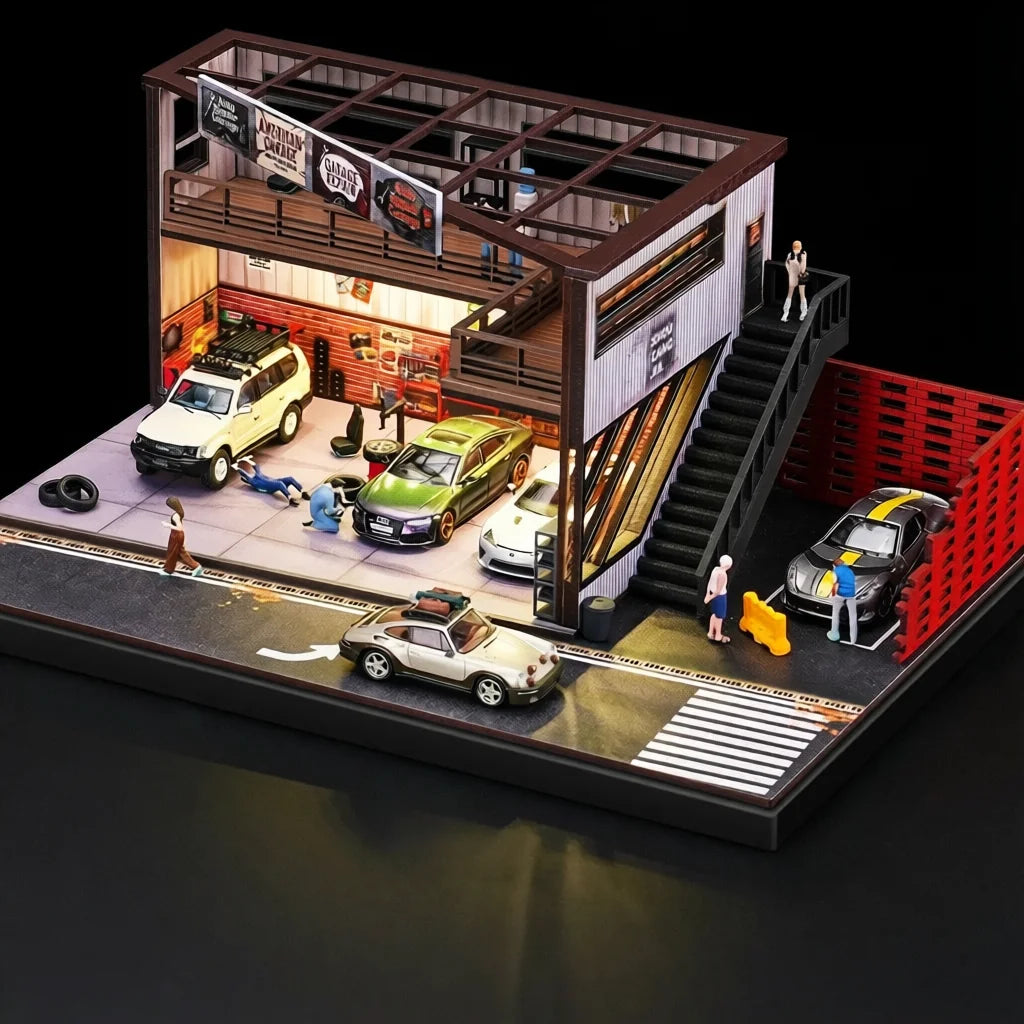 Close view of the two-storey garage with cars parked inside and figures on the walkway