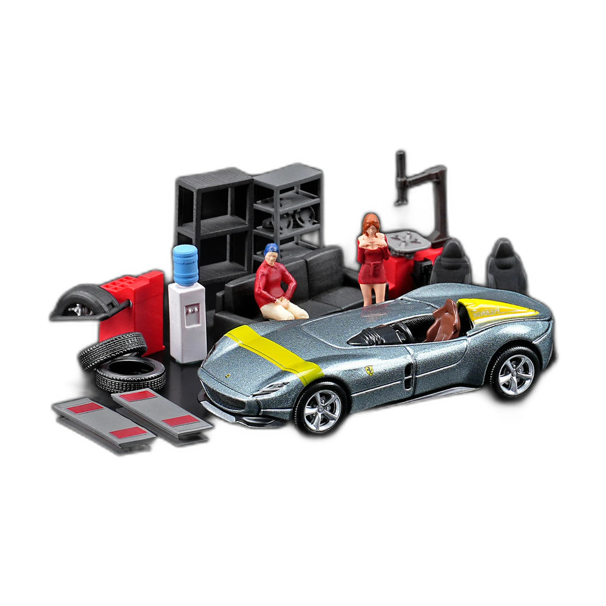 1:64 repair shop prop set arranged as a garage scene with a diecast sports car and two figures