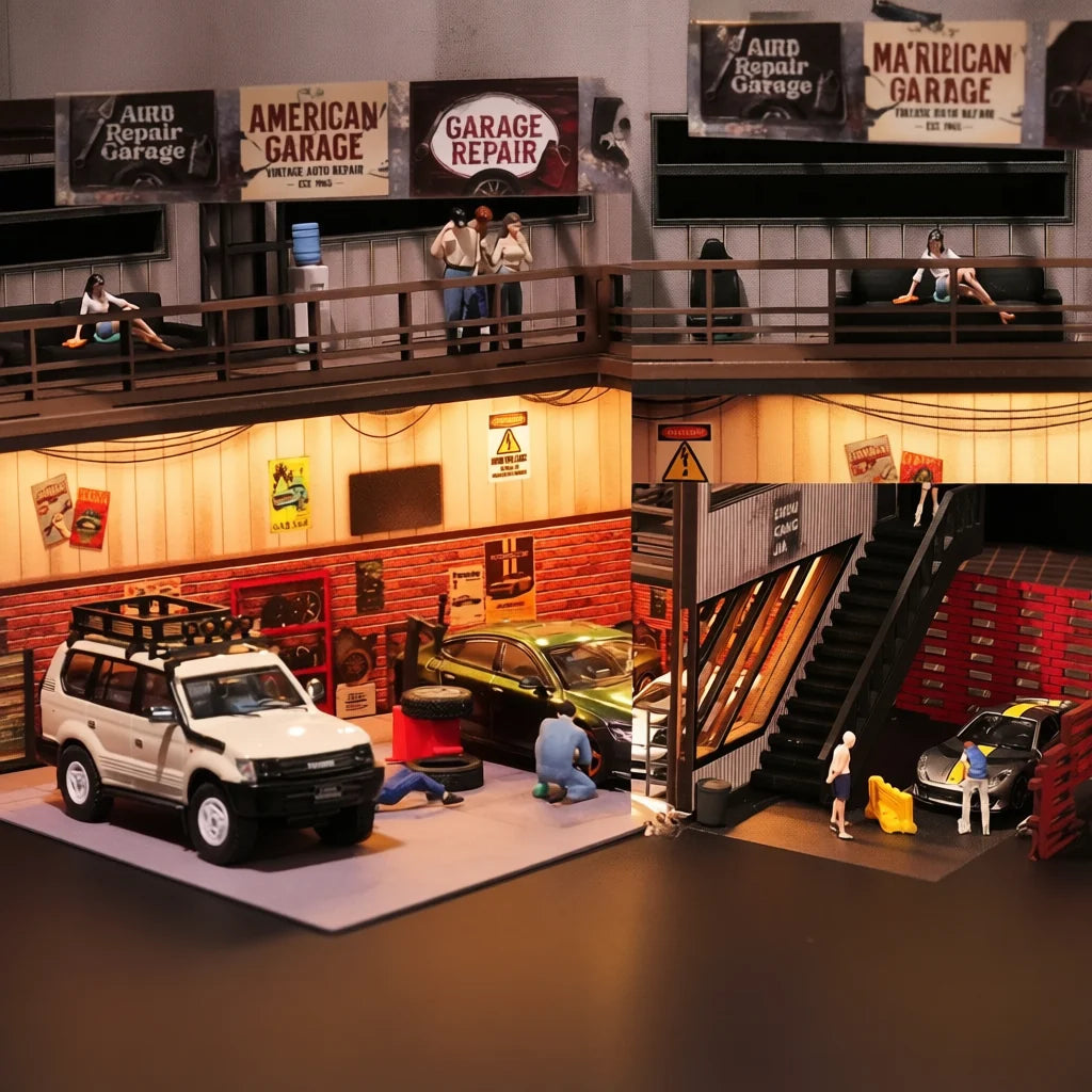 Three-panel collage of the warehouse workshop interior, terrace railing and staircase