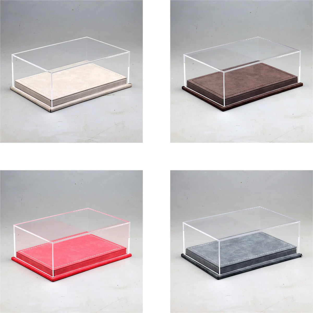 Four 1:64 triple parking space display cases in light gray, dark chestnut, red and slate gray