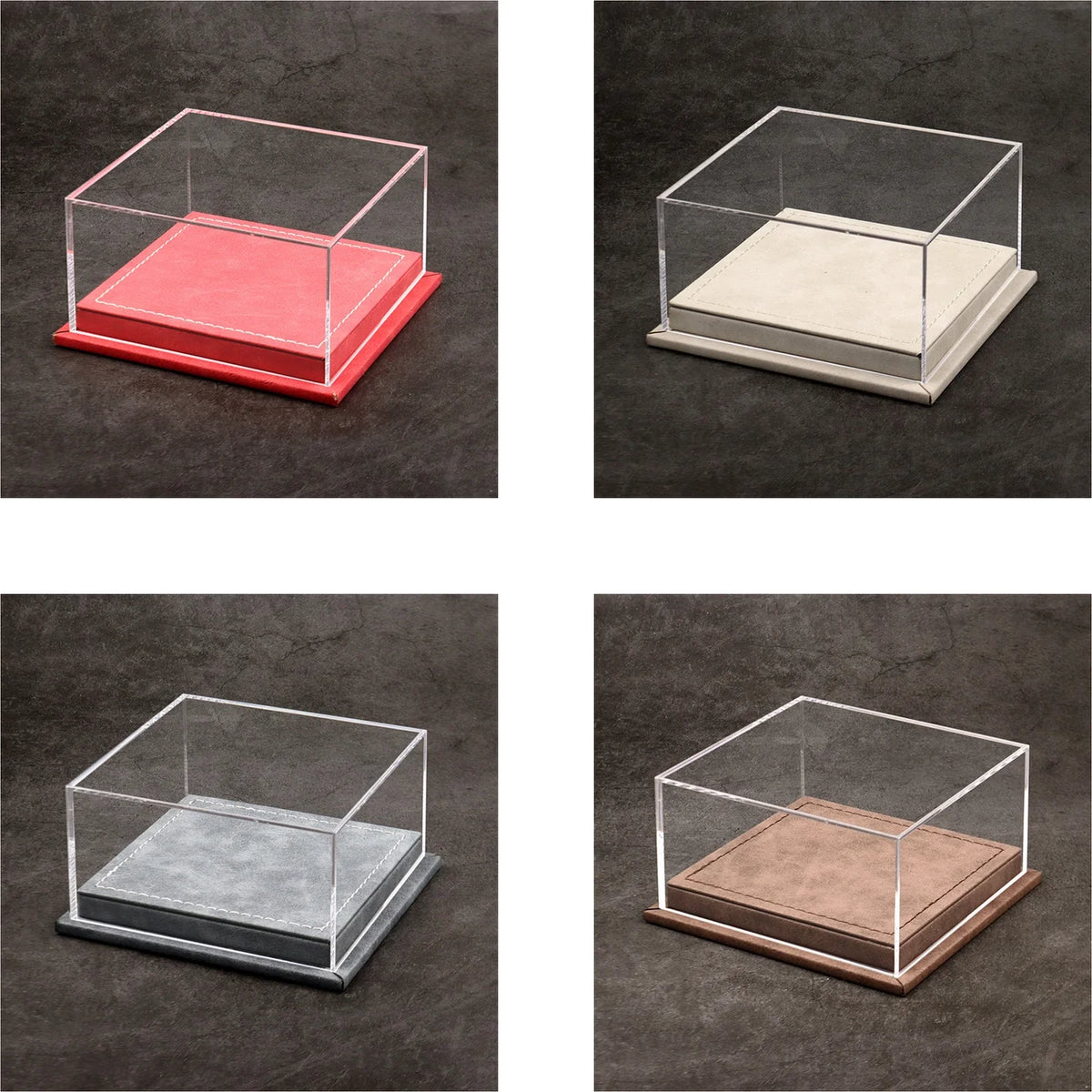 Four 1:64 double parking spot display cases in red, beige gray, slate gray and dark chestnut