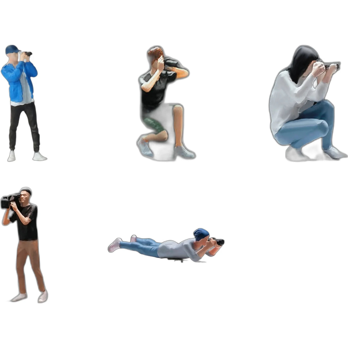 Five 1:64 miniature photographers posed side by side, each holding a camera