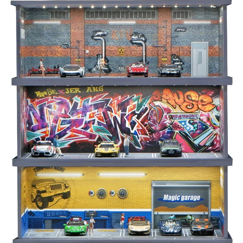 Three 1:64 garage scene display cases stacked top to bottom with model cars inside each level