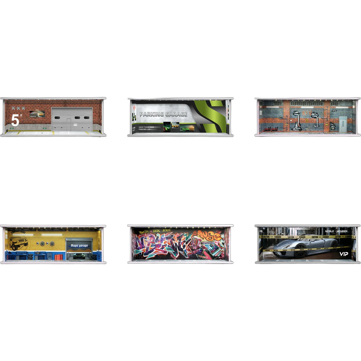 All six 1:64 garage scene display cases side by side, showing every interior scene variant in the range