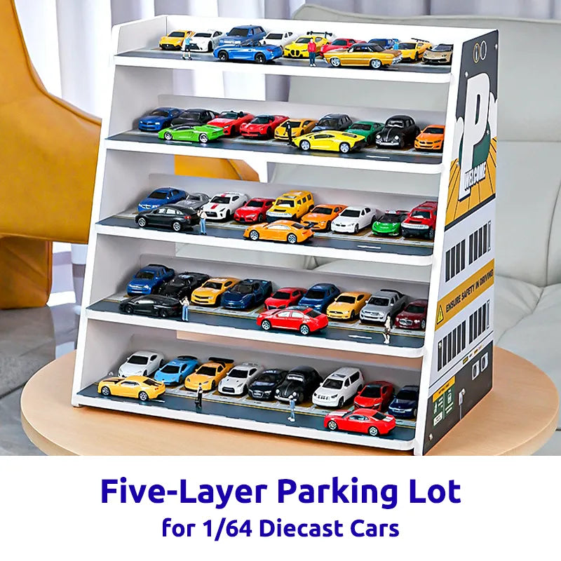Five-layer parking lot model with diecast cars on a wooden table.