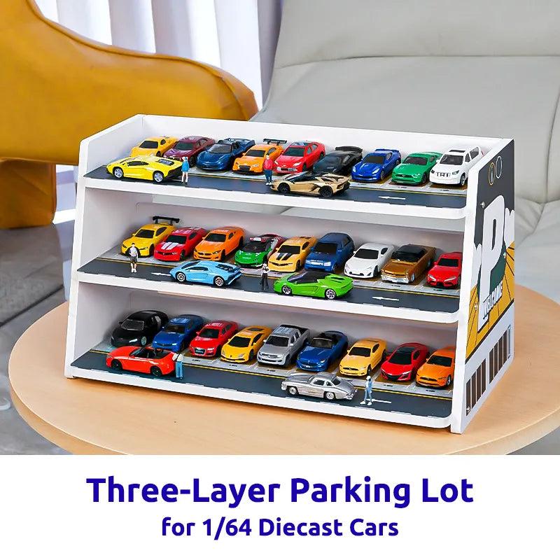 Three-layer parking lot display for 1/64 diecast cars on a table.