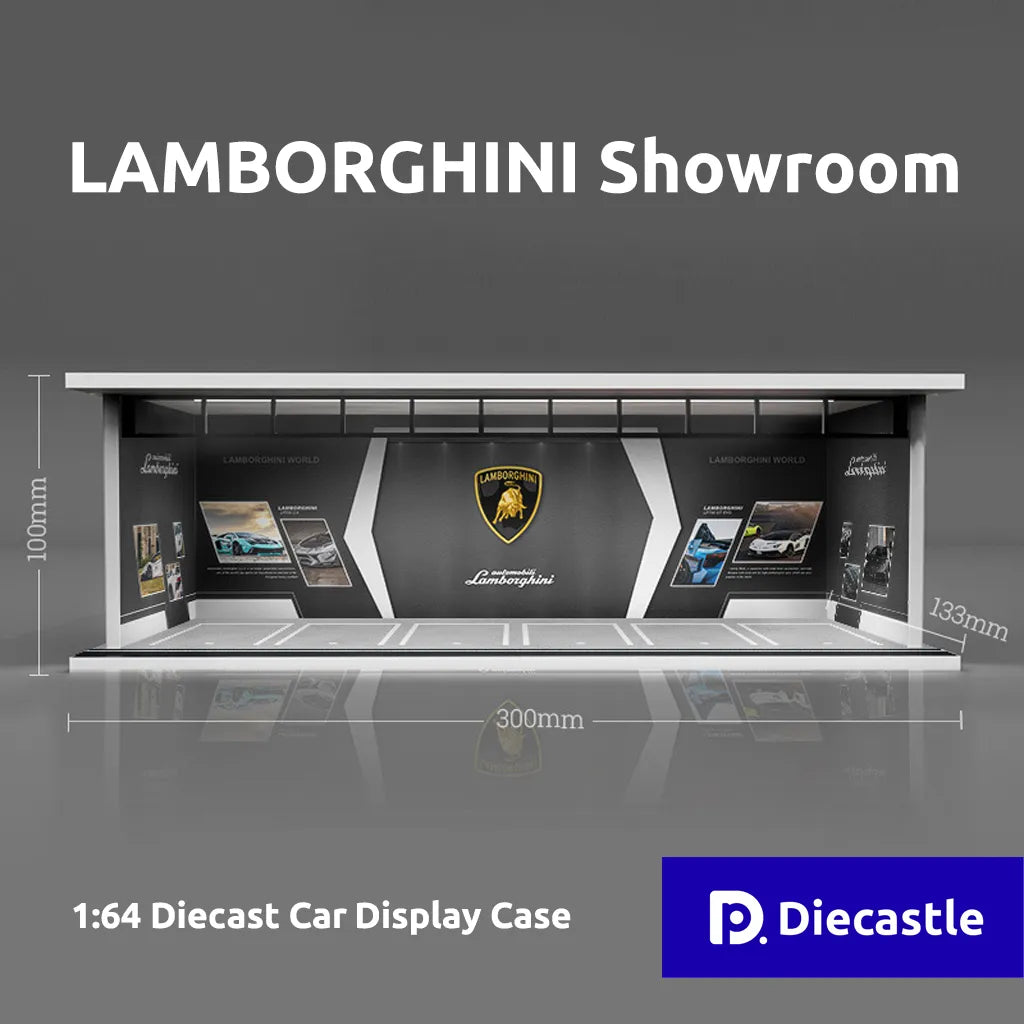 Lamborghini showroom diecast car display case with dimensions and Diecastale branding.