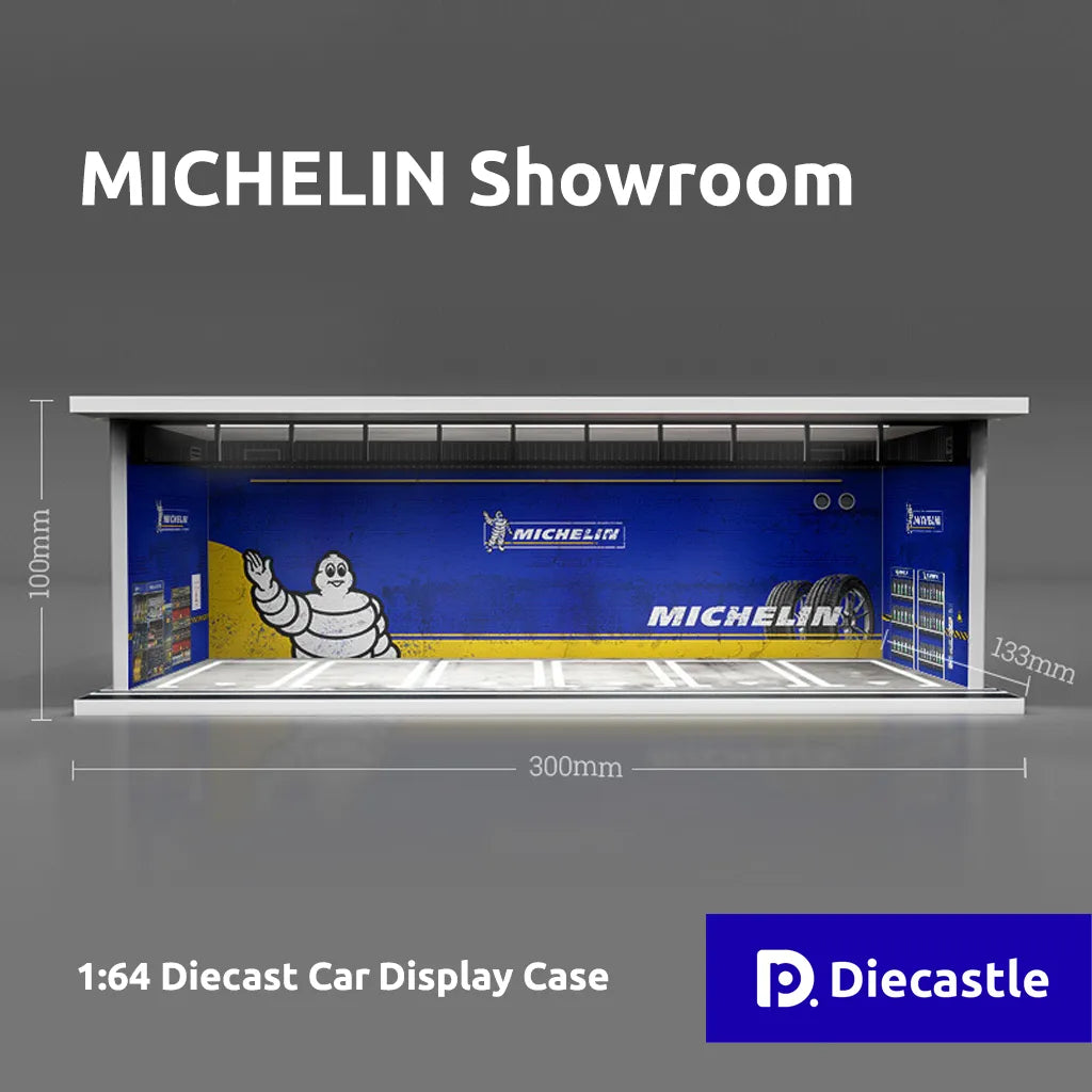 1:64 Diecast Car Display Case with Michelin branding on a gray background