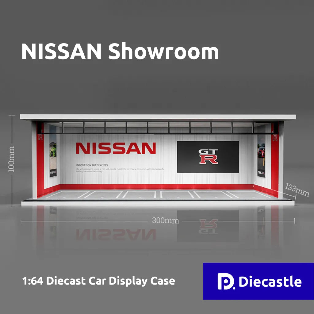 NISSAN Showroom 1:64 Diecast Car Display Case with dimensions and Diecastale logo.