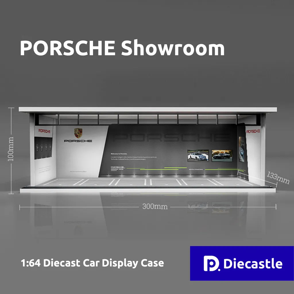 PORSCHE Showroom 1:64 Diecast Car Display Case with dimensions and Diecastale logo.