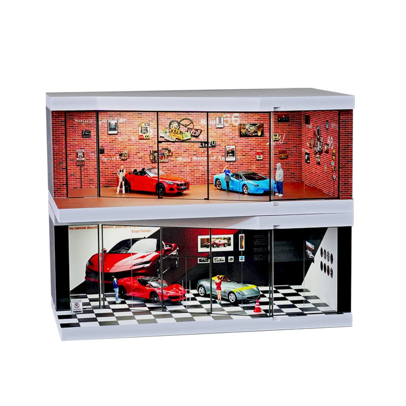 Model car showroom with red, blue, and silver cars displayed inside a glass case.