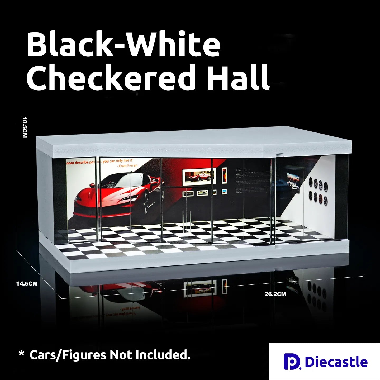 Display case with a black and white checkered floor, featuring a red car model, on a black background. Diecastle logo visible.