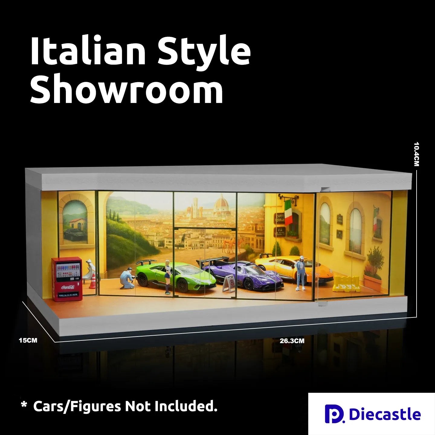 Model of an Italian-style showroom with miniature cars and figures, featuring Diecastle branding.