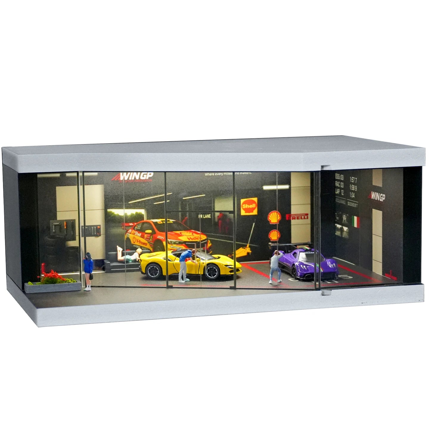 Model car showroom with miniature cars and people inside a glass building