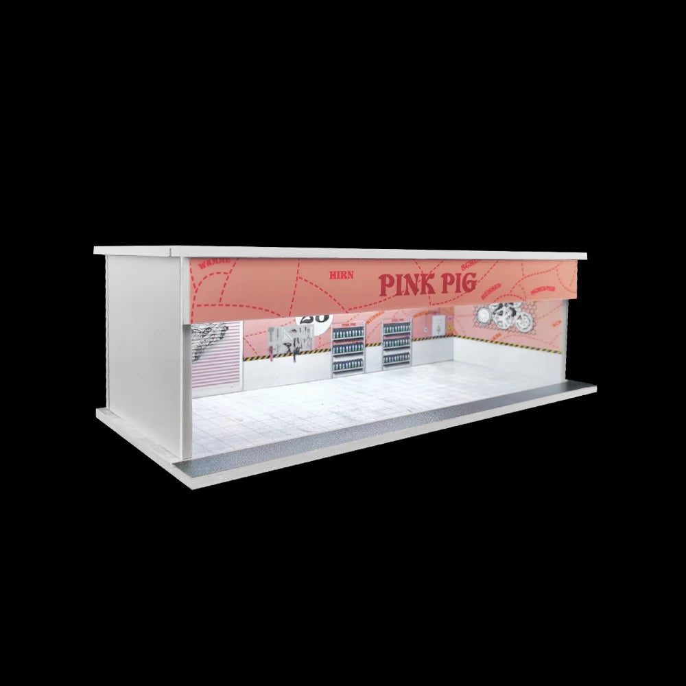 1:64 Diecast Display Case – Lit Scene Series, Pink Pig Workshop base