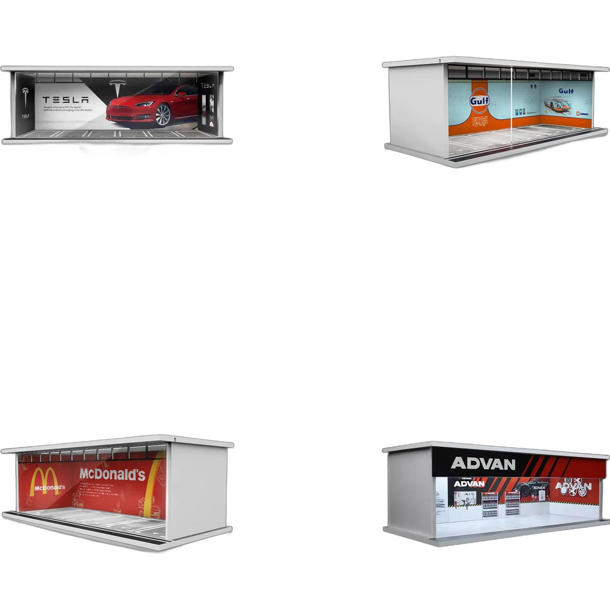 Four 1:64 display cases side by side — EV showroom, Gulf garage, burger storefront and tuner workshop backdrops