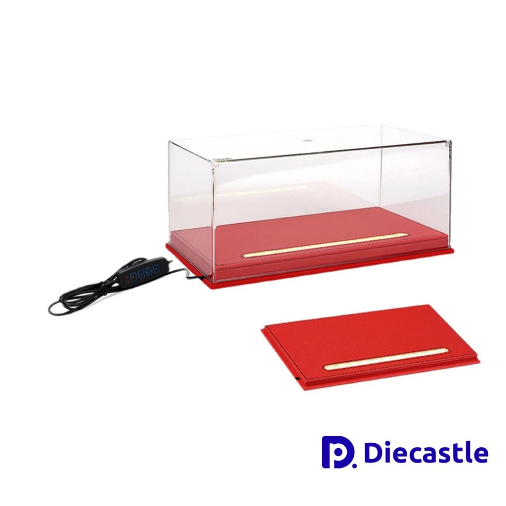 Red display case with clear lid on a white background, featuring the Diecastle brand.
